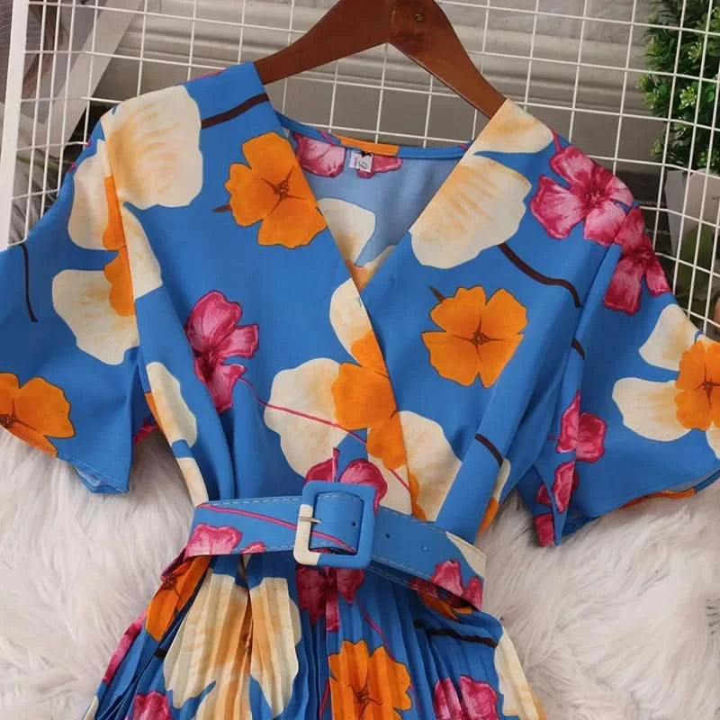 Women Dress Fashion Vintage Ins Bandage Slim Waist A-line Long Dress Vacation Beach Summer Outfits Lady Robe Femme - M & M Global