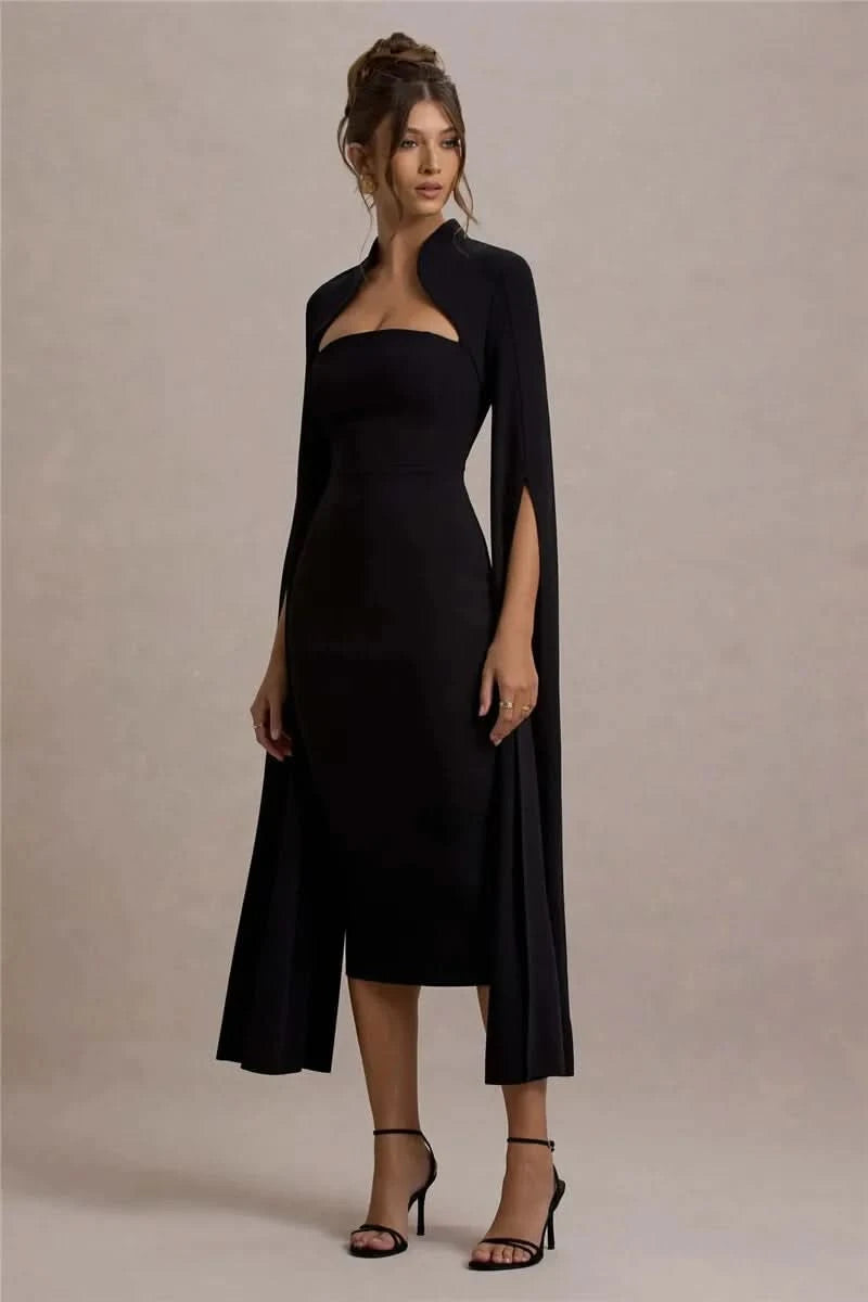 Mozision Cape Long Sleeve Sexy Midi Dress For Women Autumn Winter New Square Collar Back Slit Bodycon Club Party Long Dress - M & M Global