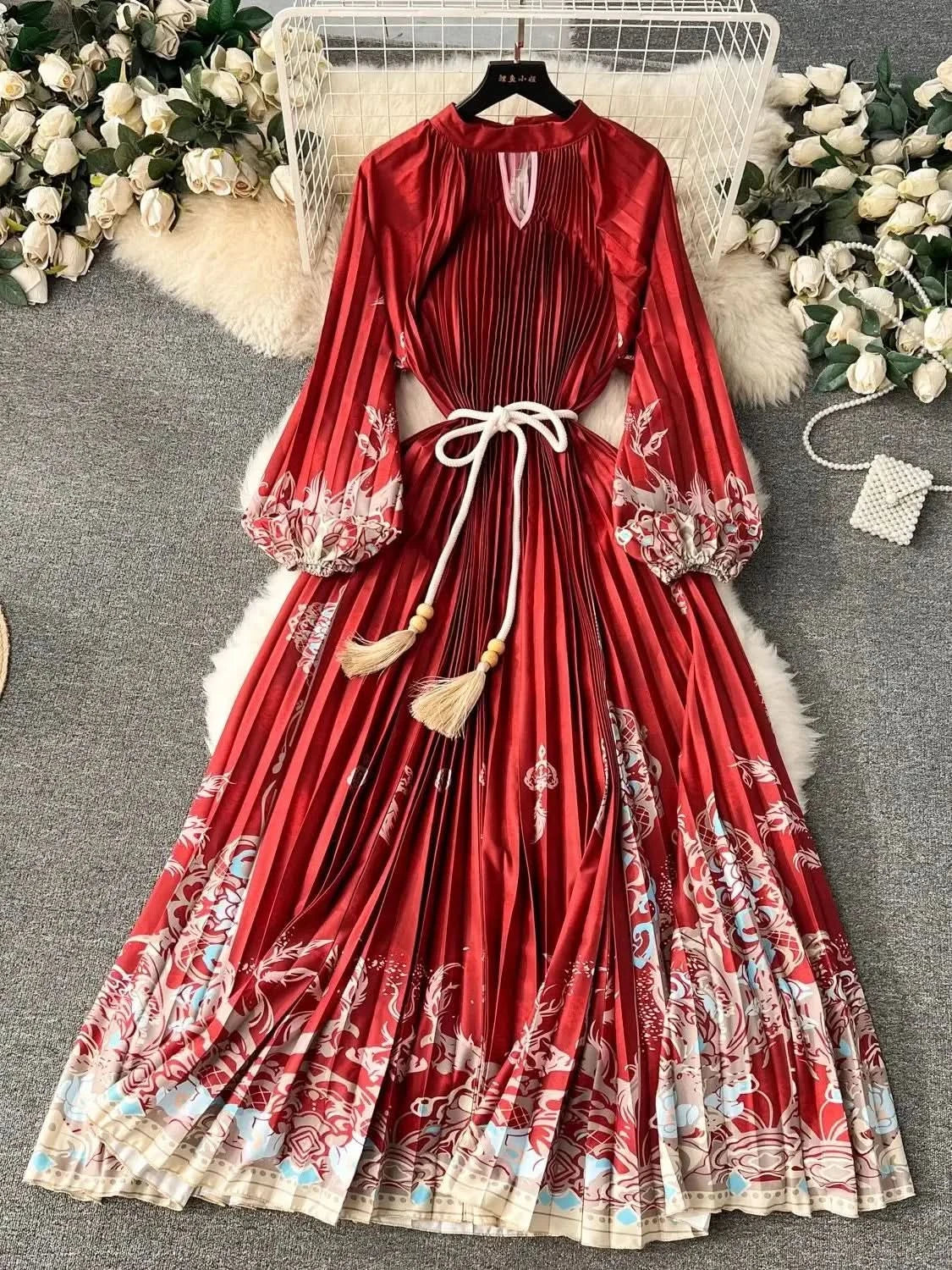 Spring Holiday Print Long Dress For Women Fashion Loose Lantern Sleeve Party Robe Female Big Swing Tassels Belt Pleated Clothes - M & M Global