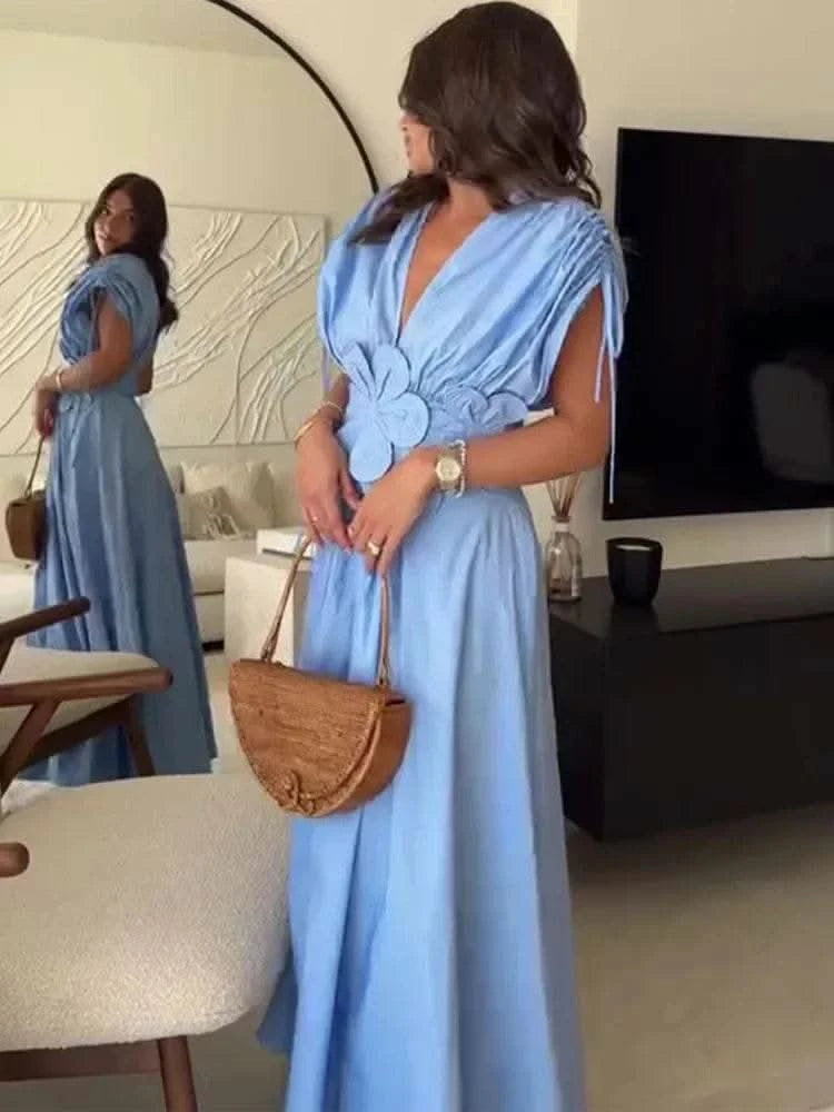 Blue V-Neck Waist-Fitted Bow-Decored Long Dress For Women Fashionable And Elegant European And American Style - M & M Global