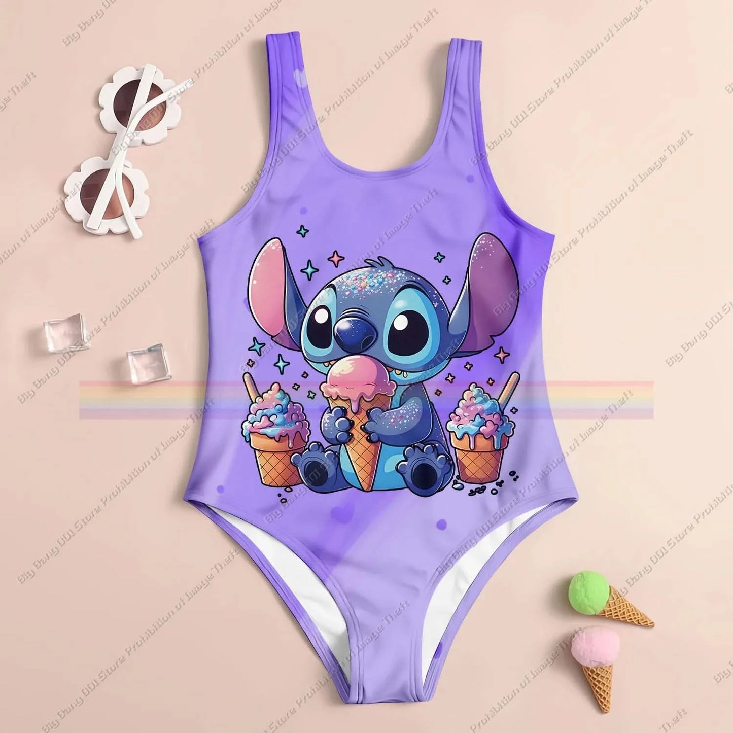 Stitch Cartoon Miniso 2025 Summer 3D Printing Kids Clothing Swimsuit Girls Boys Two Piece Bikini Set Beach Party Essential - M & M Global
