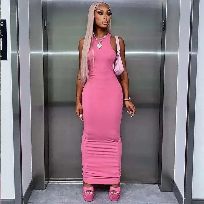 Dulzura Women Fashion 2024 Autumn Sleeveless Club Streetwear Bodycon Pink Pencil Long Dress Wholesale Items For Business - M & M Global