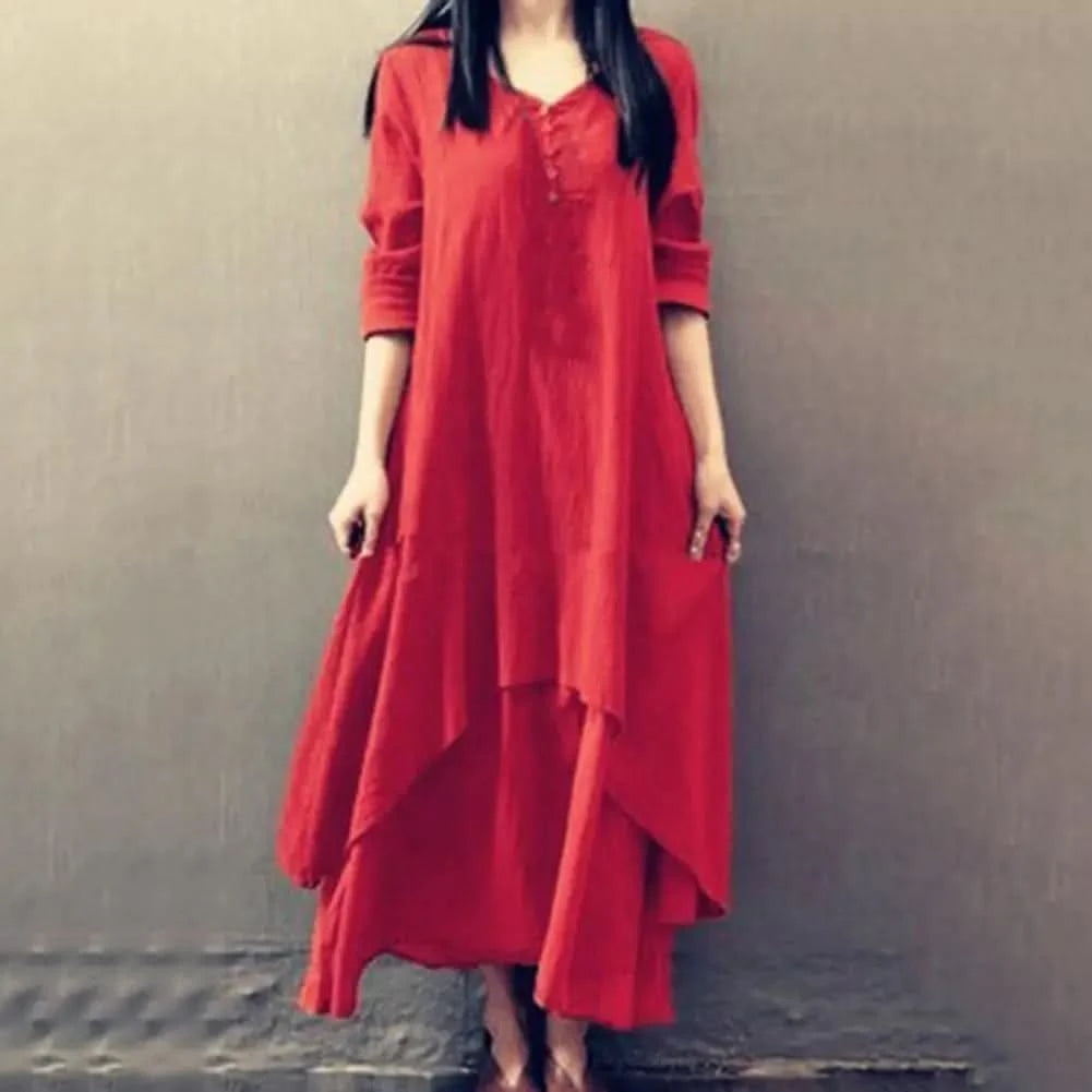 Women Elegant Linen White Dresses Bohemia Layering Vintage Robe Long Sleeve Loose Long Dress Female Autumn Vestidos - M & M Global