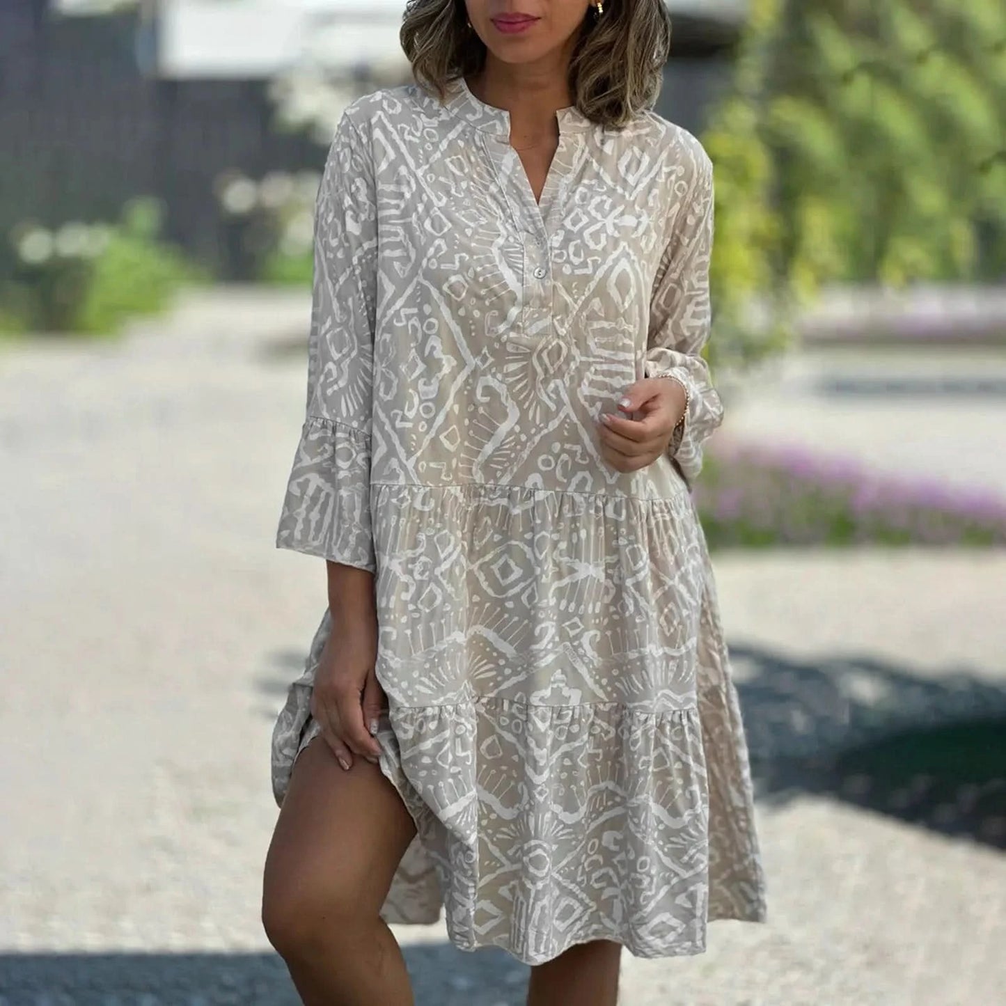 Women Floral Print Maxi Dress Fashion Casual V Neck Long Dress Plus Size Summer Boho Dress Ruffle Three Quarter Sleeves Dresses - M & M Global