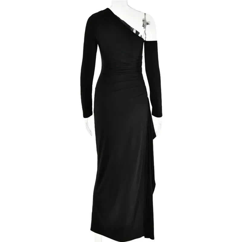 Mozision Oblique Shoulder Thigh High Split Maxi Dress Women Long Sleeve Backless Bodycon Sexy Club Party Long Dress Vestidos - M & M Global