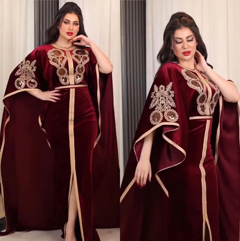Ramadan Luxury Muslim Fashion Bat Sleeve Moroccan Turkiye Dubai Dress Middle East Arab Dress Sequins Golden Velvet Long Dress - M & M Global