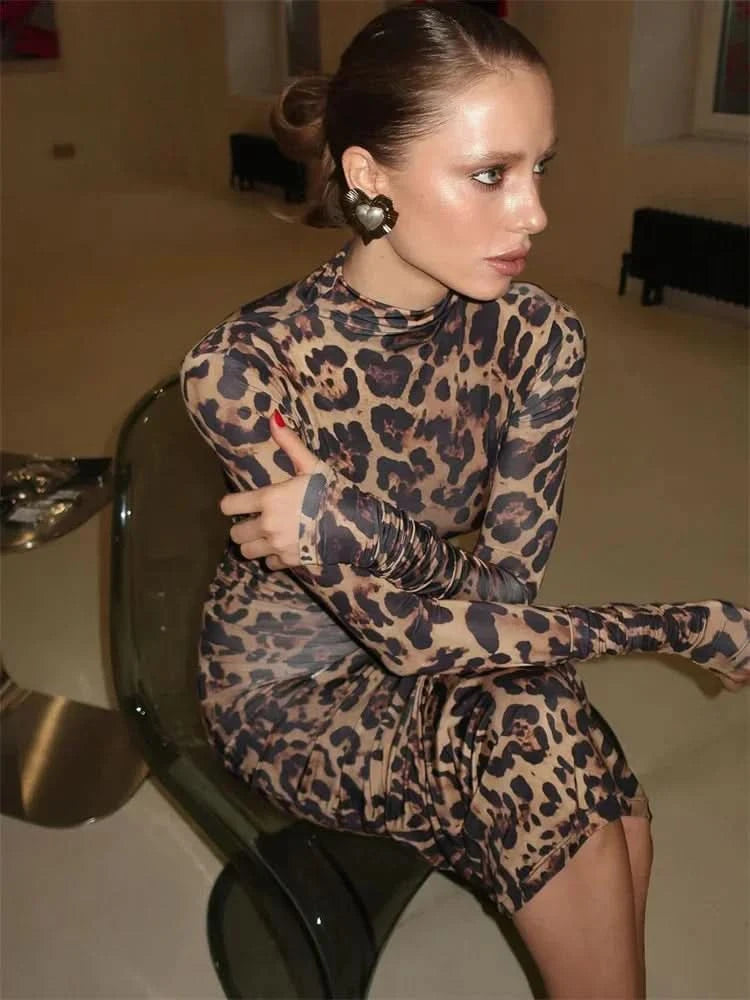 Print Leopard Print Slim Long Dress Women's Fashion Long Sleeve Sexy Party Dress Summer Street Leopard Print Long Dress 2024 New - M & M Global