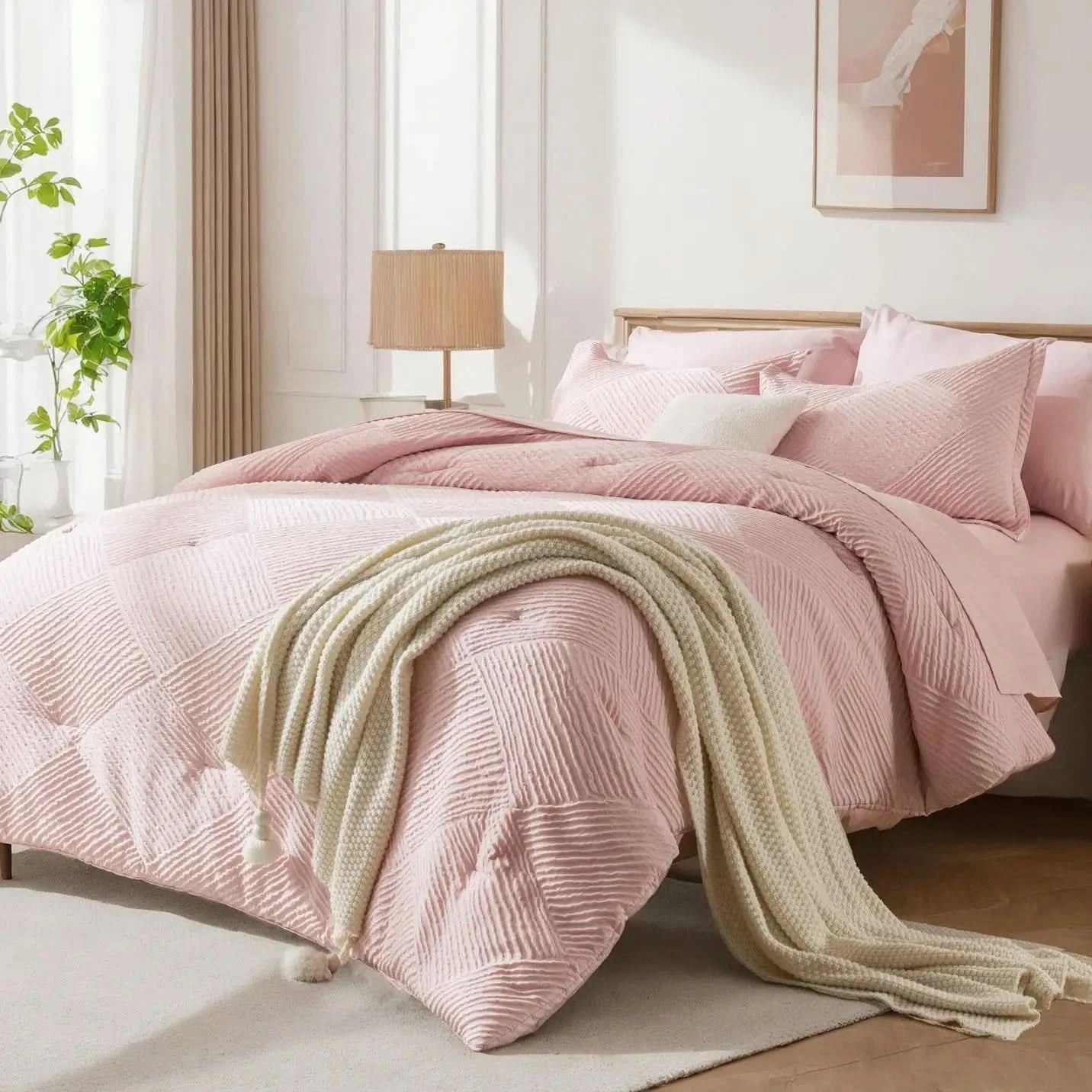 solid striped check Comforter set, soft microfiber, lightweight and breathable, easy to care for - bedding set for all seasons