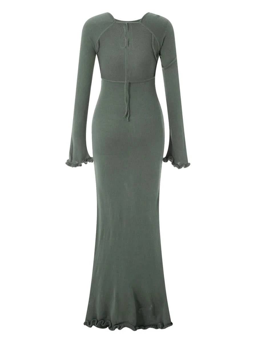 Women's Autumn Winter Knitted Bodycon Dress Long Sleeve Tie Backless Round Neck Solid Color Ruffle Trim Long Dress Beachwear - M & M Global