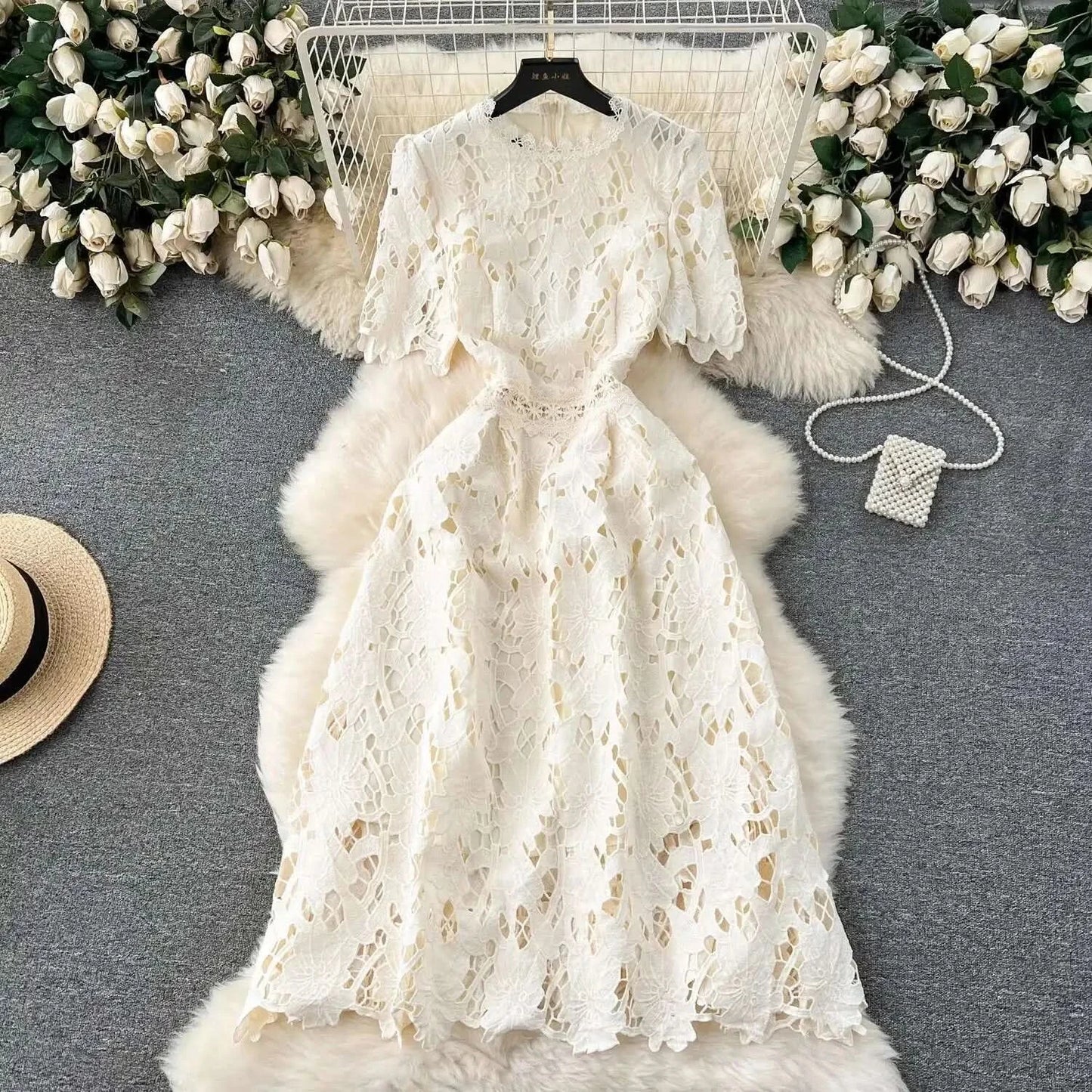 Elegant Flower Embroidery Lace Hollow Out Midi Dresses Women's 2025 Summer O Neck Short Sleeve Casual Long Dress Party Vestidos - M & M Global