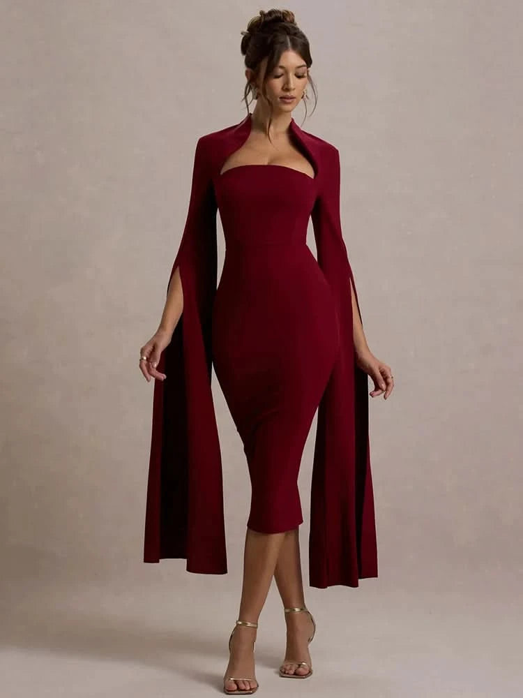 Mozision Cape Long Sleeve Sexy Midi Dress For Women Autumn Winter New Square Collar Back Slit Bodycon Club Party Long Dress - M & M Global