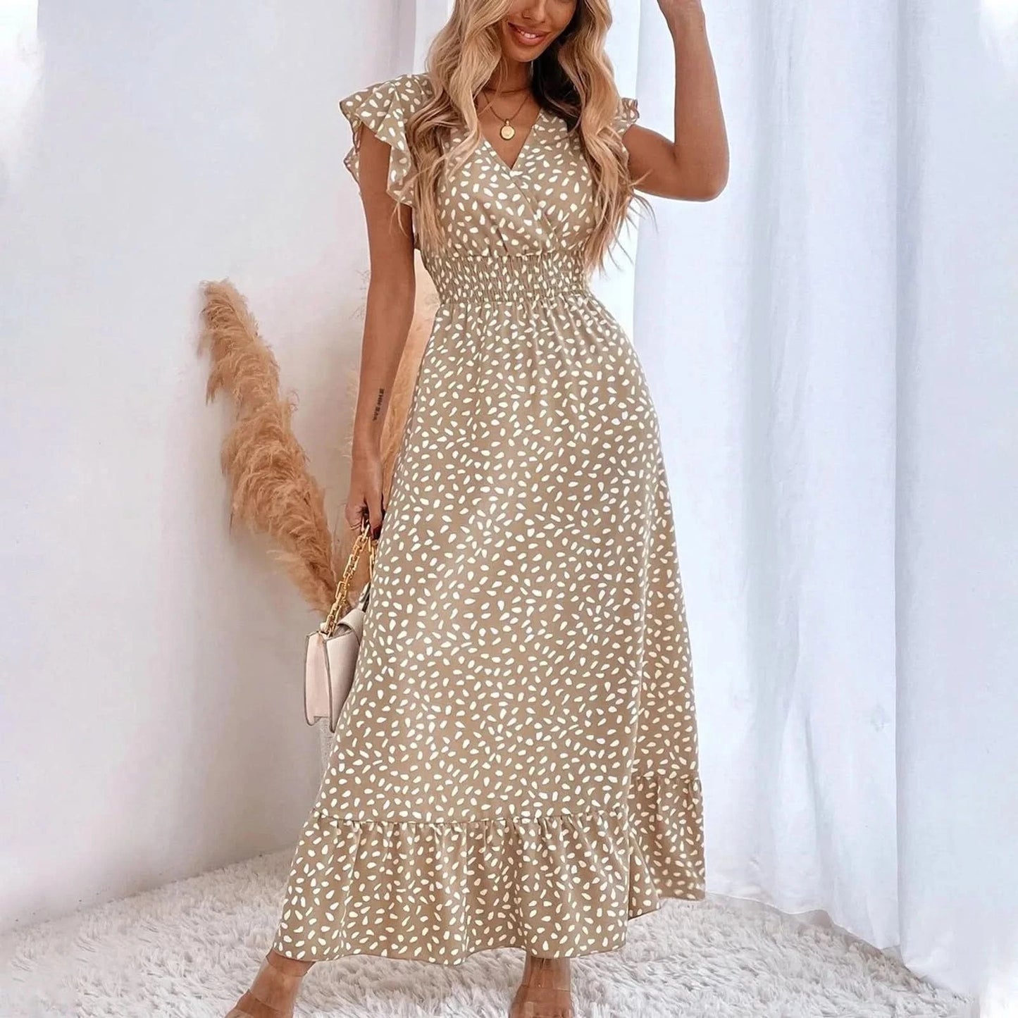 Polka Dot Dress For Women Sexy V-Neck Long Dress Casual And Fashionable Ruffle Edge Short Sleeved High Waisted Dress - M & M Global