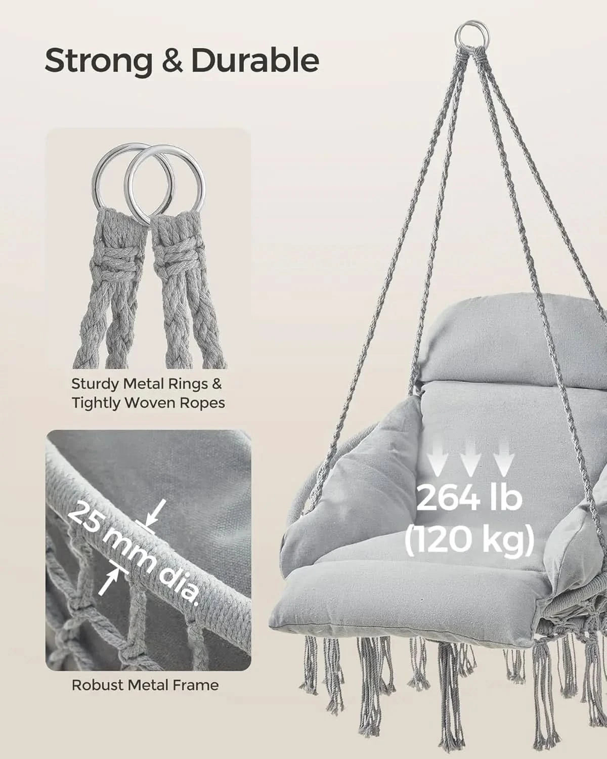 Hanging Chair. Hammock Chair with Thick Cushion. Boho Swing. Holds 264 lb. Accessories Included. Dove Gray. UGDC042G11.