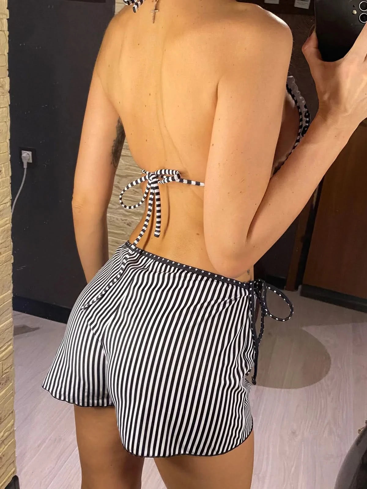 New Striped Polka Dot Halter Shorts Bikini Female Swimsuit Women Swimwear Three-pieces Bikini set Bather Bathing Suit Swim V6384 - M & M Global