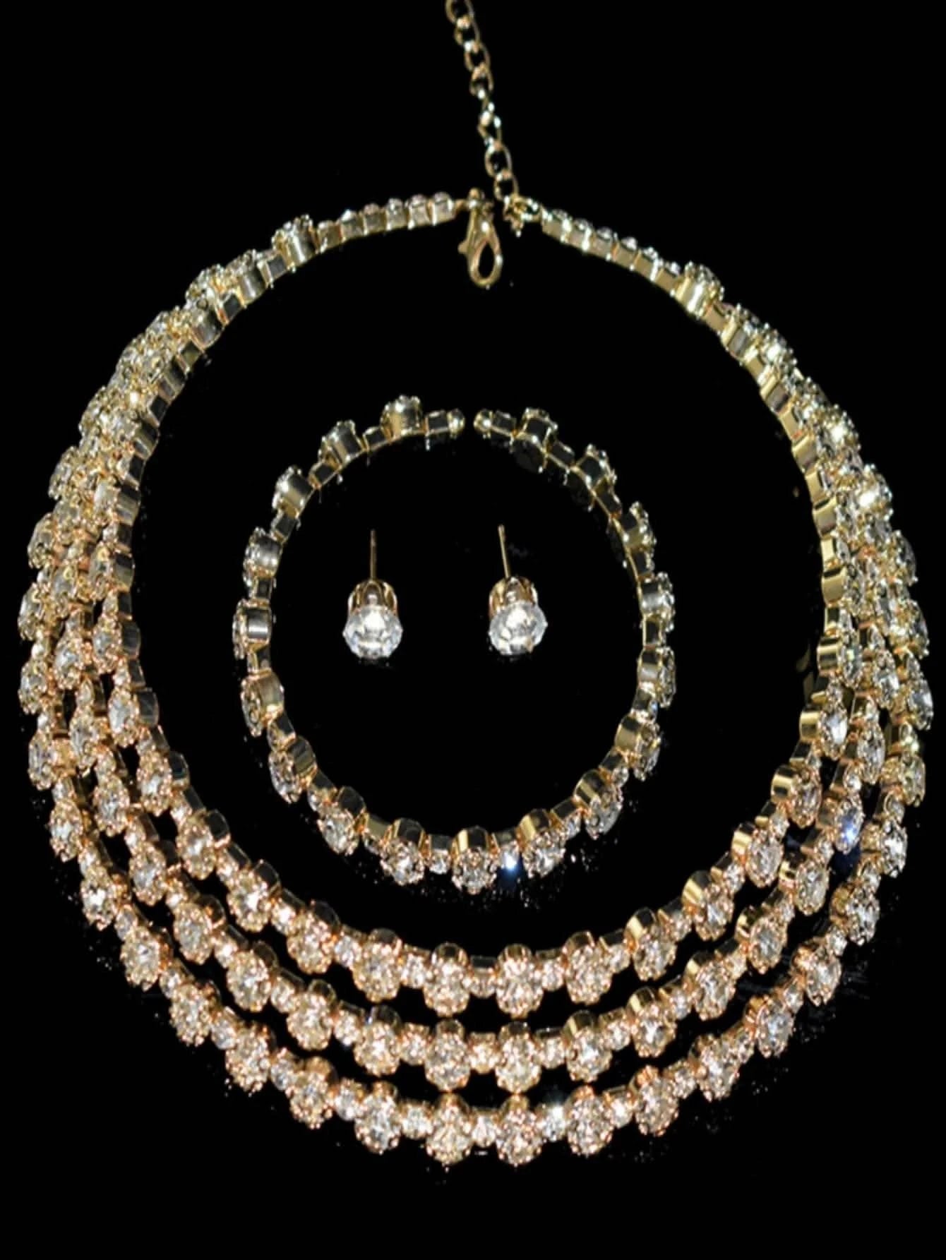 4-piece women's jewelry set with rhinestones, multi-layer collars, earrings, bracelets, wedding party accessories - M & M Global