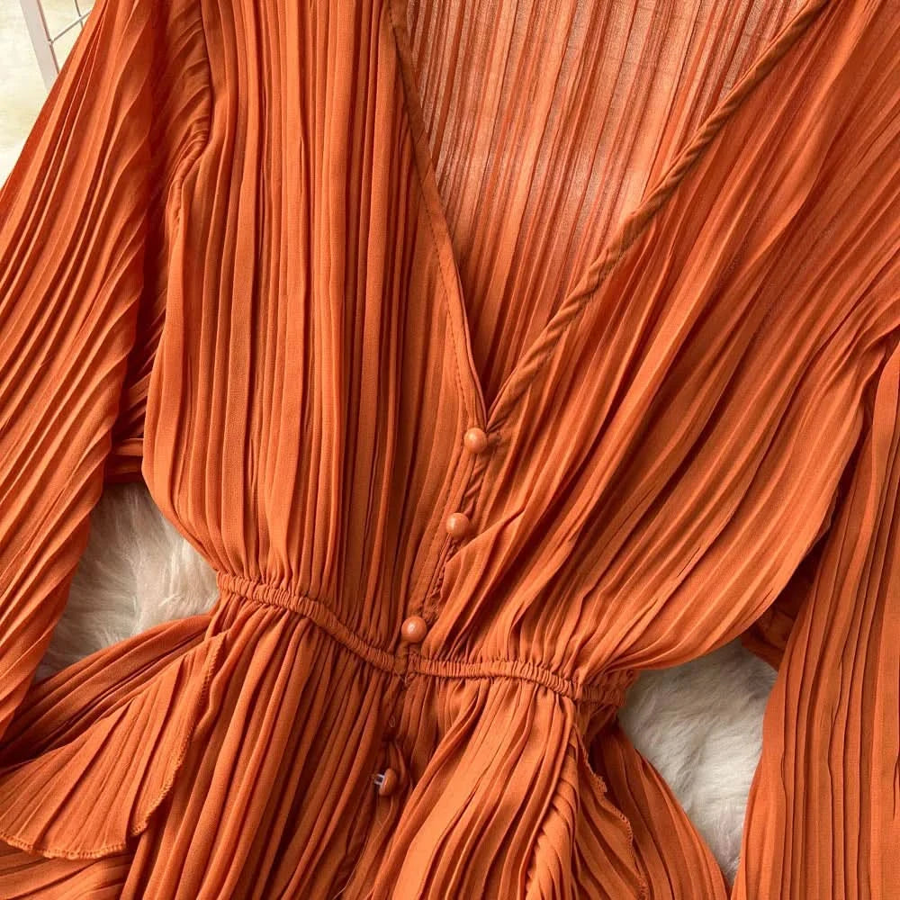 Purple/Brown/Red Chiffon Pleated Long Dress Women Vintage V-Neck Flare Sleeve Draped Ruffle Vestido Female Maxi Robe Spring Fall - M & M Global