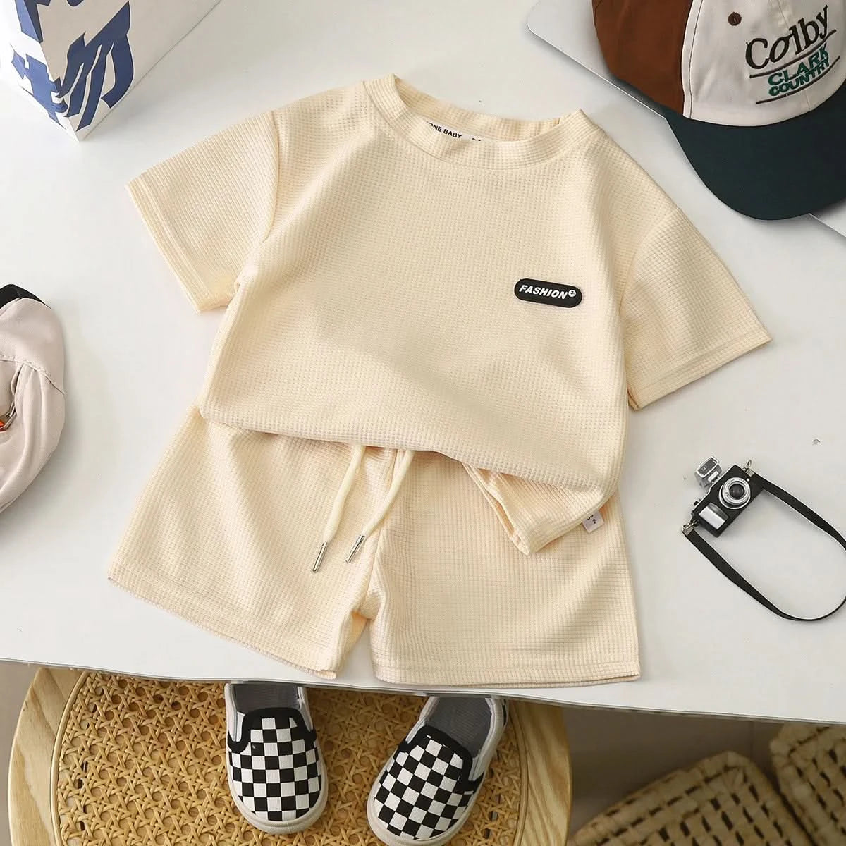 New Summer Children's Casual Set for Boys Girls Loose Short Sleeved Waffle Breathable and Comfortable Set - M & M Global