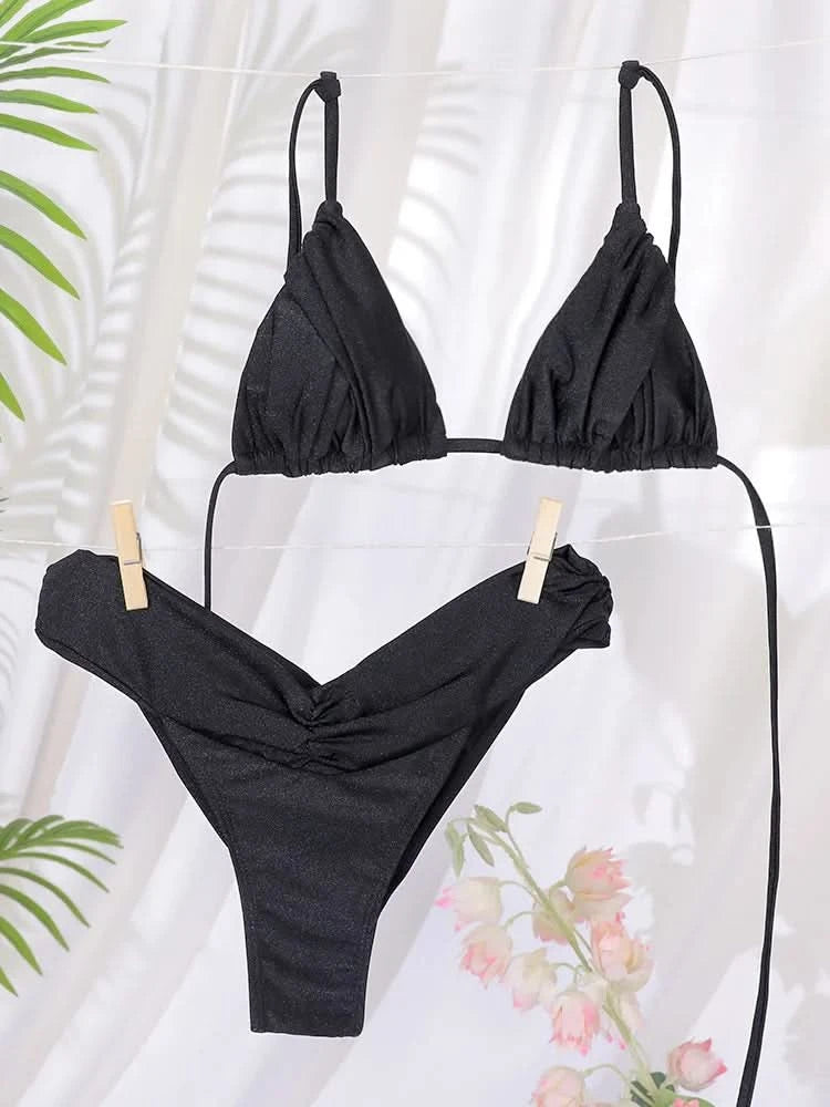 Summer 2025 Bikini Luxury Swimwear Women Biquini Folds Bikini Set Bathing Suit Women Swimsuit High Grade Champagne Bikinis Beach - M & M Global