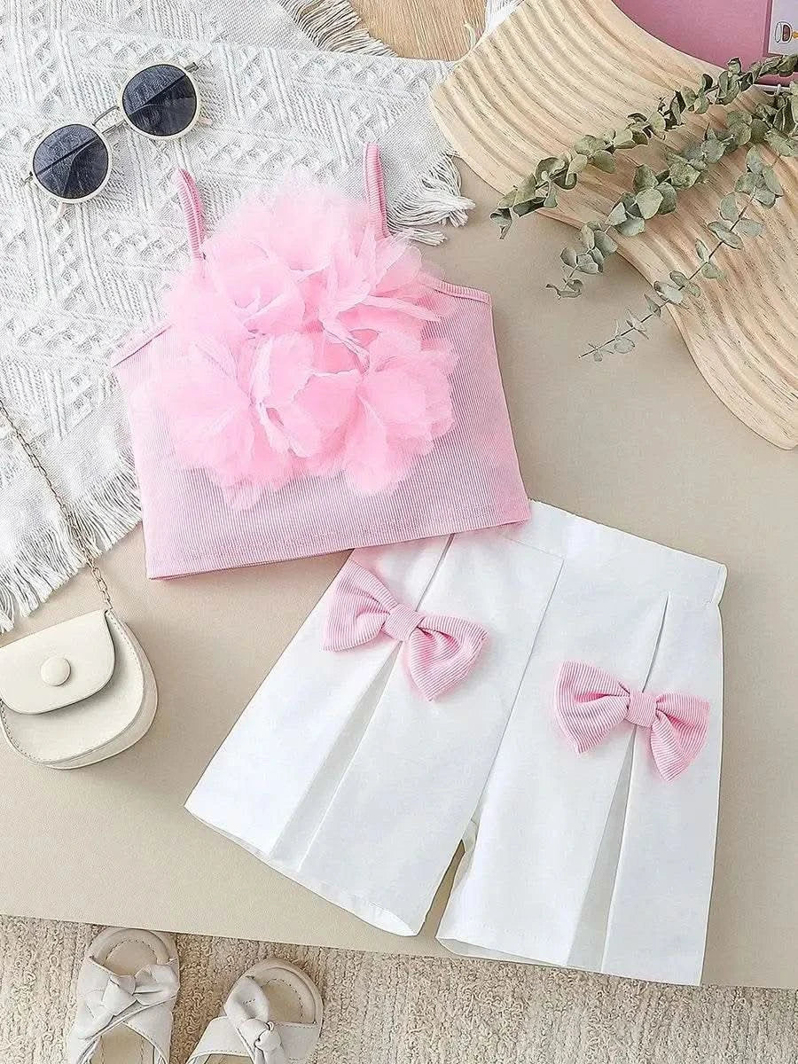 Children Clothing Summer Girl's Pink Outfit Sets Lace Mesh Flower Vest & shorts Pants Kids Clothes Girl's Elegant Sets For 1-6Y - M & M Global