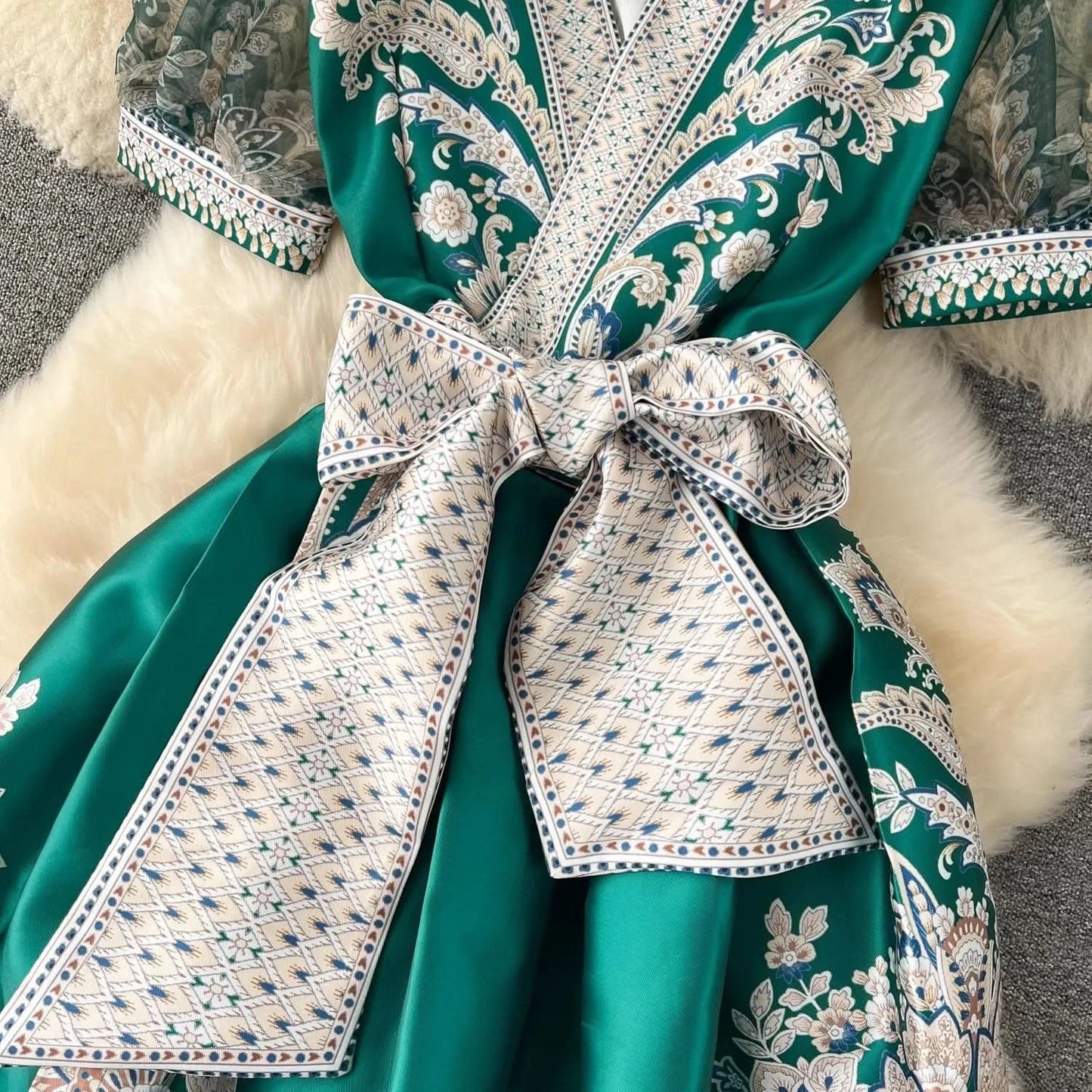 Summer Bohemian Paisley Print Long Dress Women V-Neck Short Puff Sleeve Vintage Print Bandage Lace Up Robe Vestidos Clothes 6237 - M & M Global