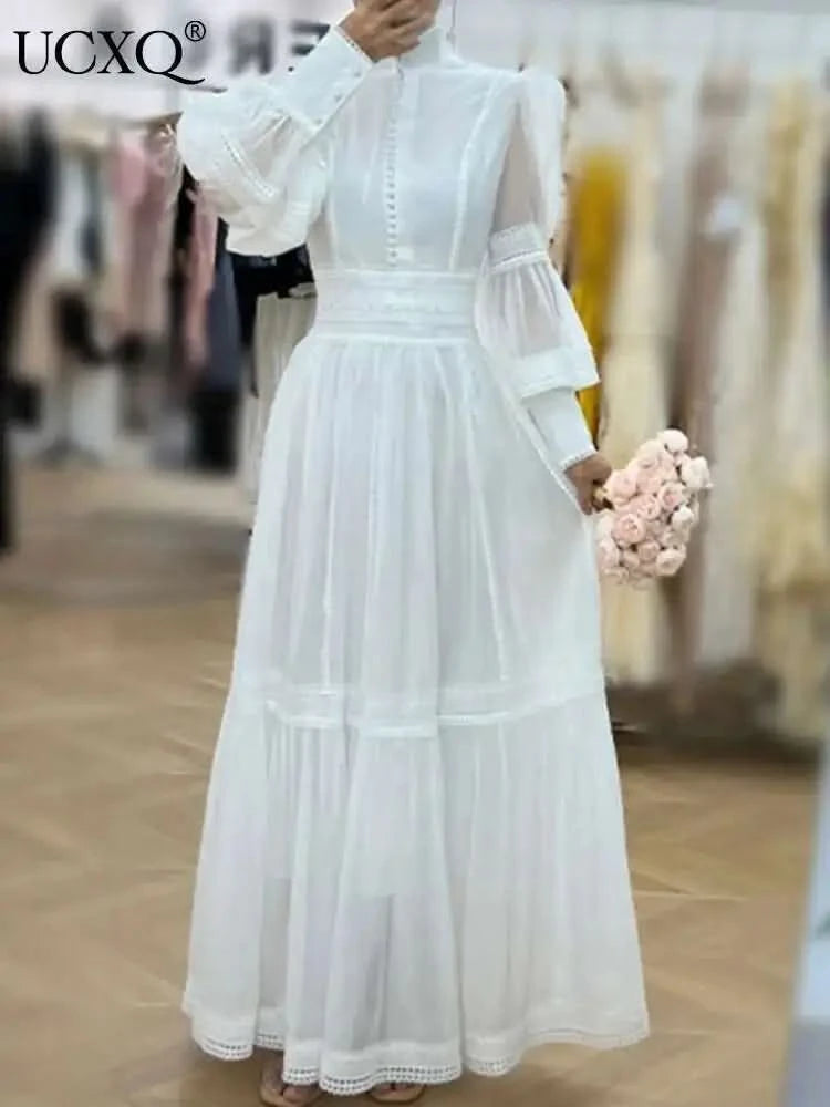UCXQ Elegant Long Dress Fairy Style Stand Up Collar Lantern Sleeves Splicing Waist Fashion Dresses Women 2025 Spring Autumn 1351 - M & M Global