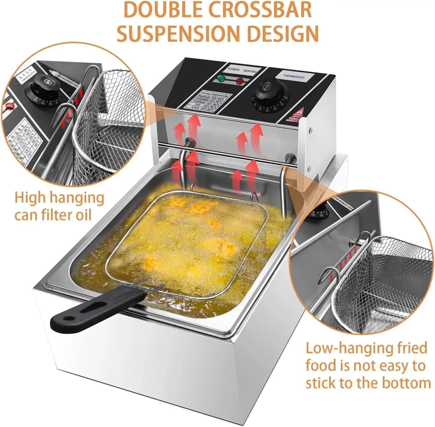 Heavy Duty Deep Fryer, 6.3QT/6L Stainless Steel Large Single-Cylinder Electric Fryers with Removable Basket and Professional Hea - M & M Global