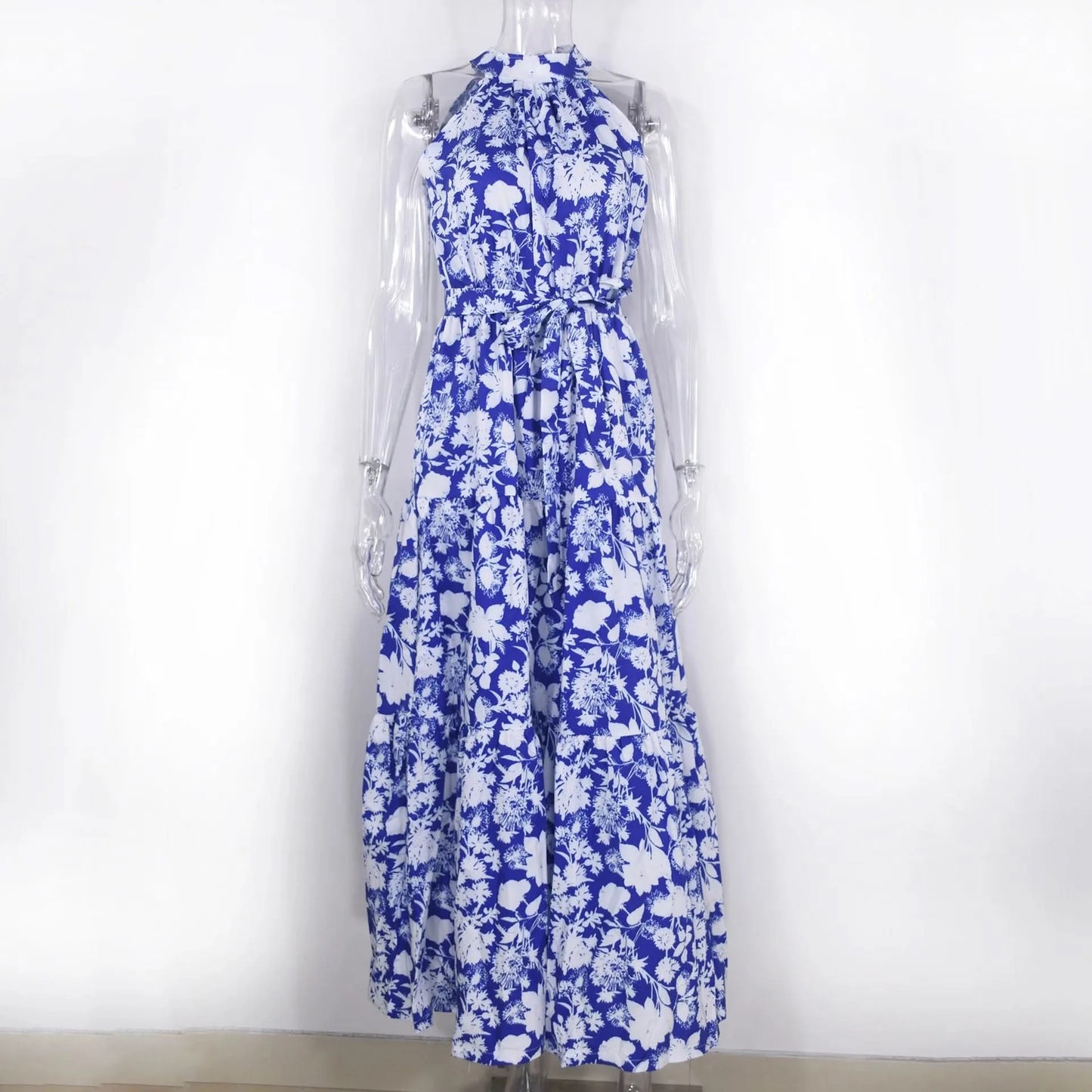 Summer Floral Print Halter Neck Dresses For Women Sleeveless Leace-up Long Dress Casual Beach Holiday Vestidos Female Clothing - M & M Global