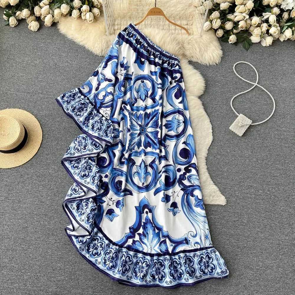 Summer Long Dress Women Runway Blue And White Porcelain Asymmetry Sexy Off The Shoulder Ruffles Hem Loose Robe Maxi Vestidos - M & M Global