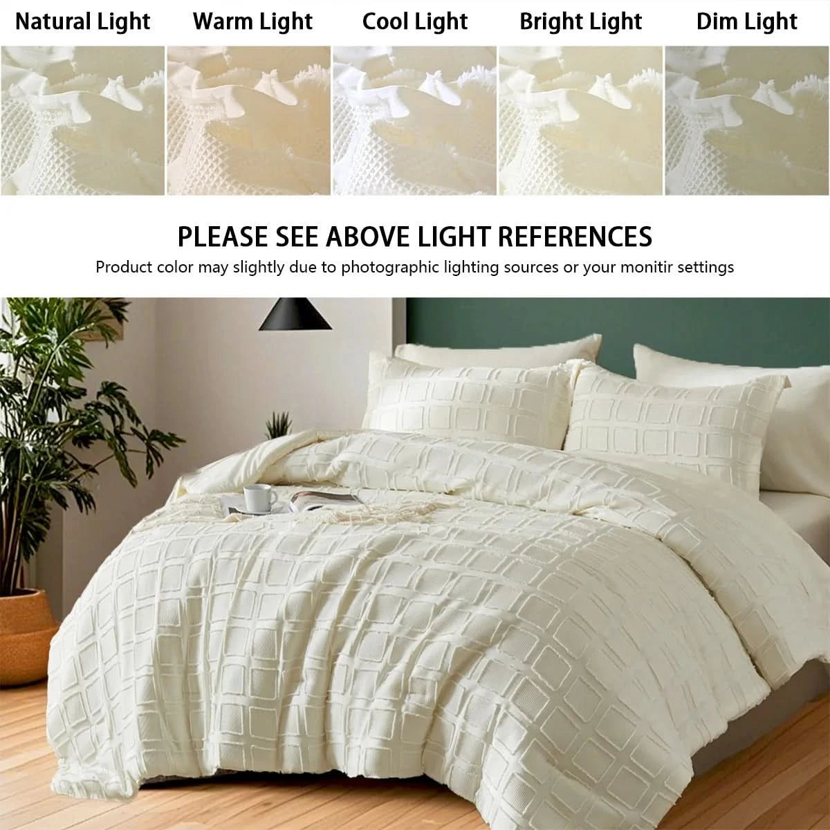 Bedding set with light-colored comforter and pillows, shown under different lighting conditions.
Floral textured comforter
Ultra-soft microfiber comforter
Cut flower design bedding
All-season quilt set
Lightweight comforter set
Solid color bed set
Machine washable bedding
Fade-resistant bedding
Cozy bedroom gift set