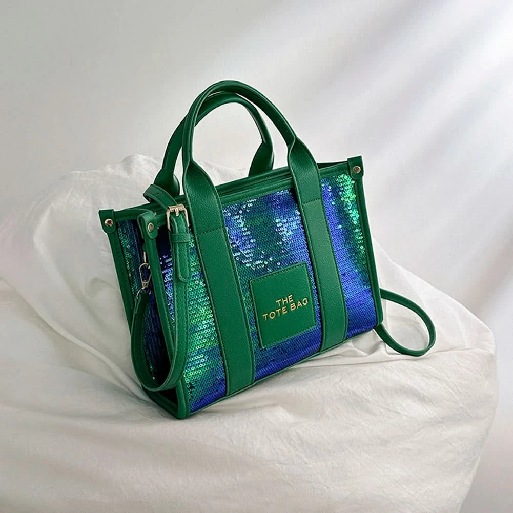New The Tote Bag Letter Printed Sequins Top-Handle Bag Women Leather Handbag Luxury Designer Glitter Shoulder Crossbody Bag - M & M Global