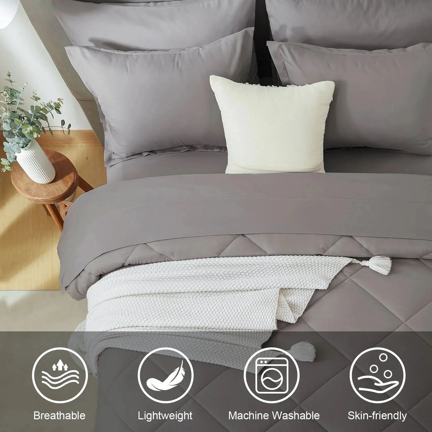 Gray bedding set on a bed with decorative pillows and a plant, featuring icons for breathability, lightness, machine washability, and skin-friendliness.
Grid Bedding Set
Microfiber Comforter Set
Polyester Bed Set
All-Season Bedding
Checkered Comforter
Soft Breathable Bedding
Modern Bedding Design
Machine Washable Quilt
Bed-in-a-Bag Set
Durable Quilted Comforter
7-Piece Bedding Set
Twin Full Queen King Bedding
Minimalist Bedding Set
Lightweight Quilt Set
Vacuum Packed Bedding
Stylish Bedroom D