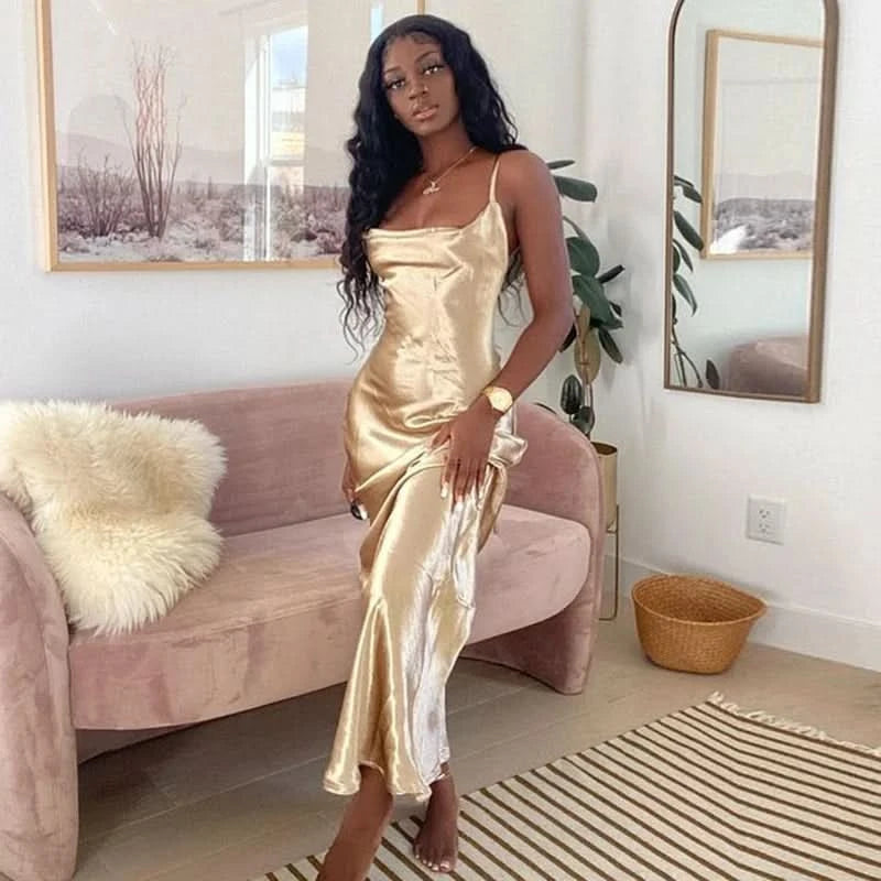 Sibybo Sexy Spaghetti Strap Backless Satin Dress Women Y2K Blue Lace Up Trumpet Long Dress Elegant Bodycon Party Dresses 2022 - M & M Global