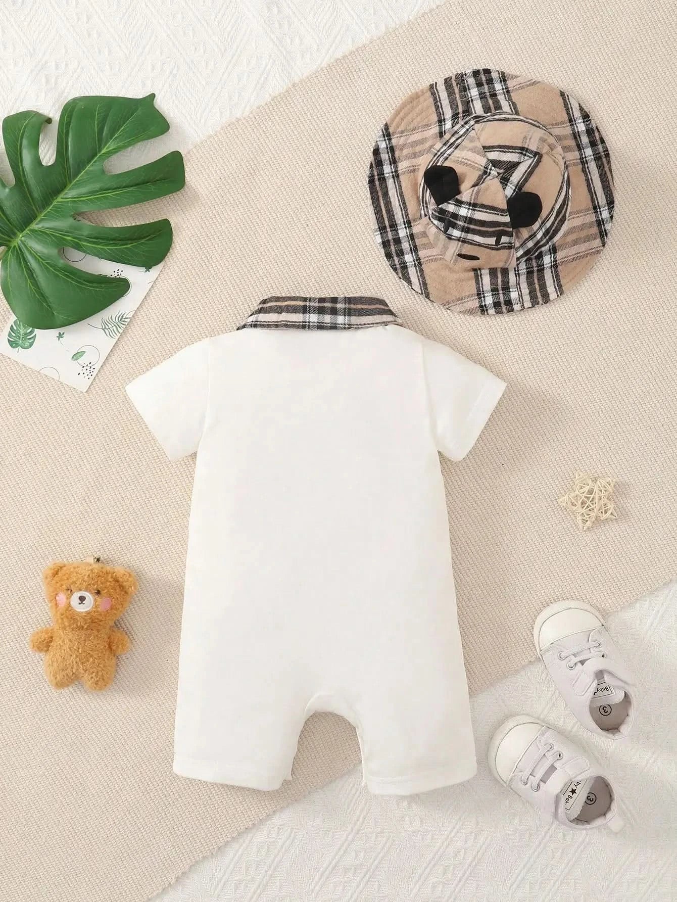 Two-piece baby boy design simple plaid neckline front pocket with plaid hat shorts spring/summer set - M & M Global