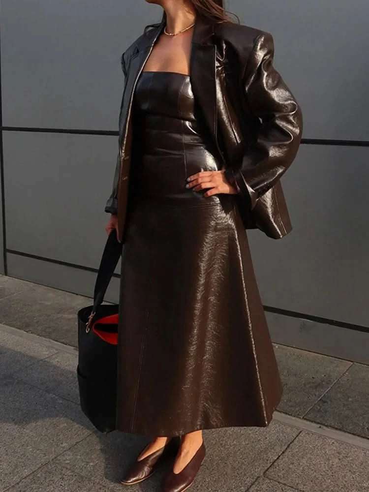 PU Leather Strapless Dresses Coat Women's Two Pieces Set Vintage Tube Sleeveless Slim Long Dress Lapel Jackets Street Outfits - M & M Global