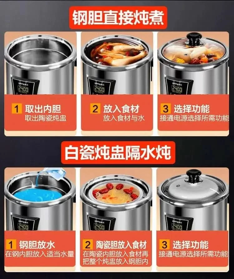 9L Electric Stew Cooker with Ceramic Water-Bath Insert, Stainless Steel Inner Pot, Dual Cooking Modes, 24H Timer, 7-Level Keep W - M & M Global