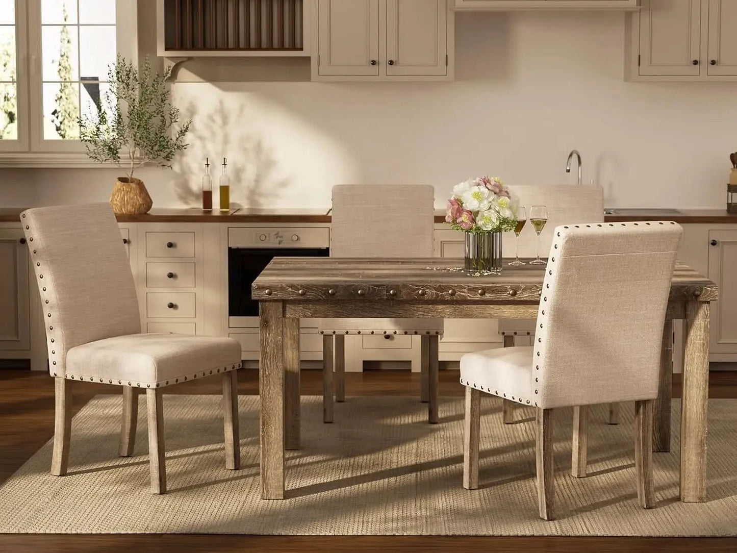 Rustic Dining Table, Farmhouse Kitchen Dining Chairs , Charming 60" Rectangular Wooden Table& Upholstered