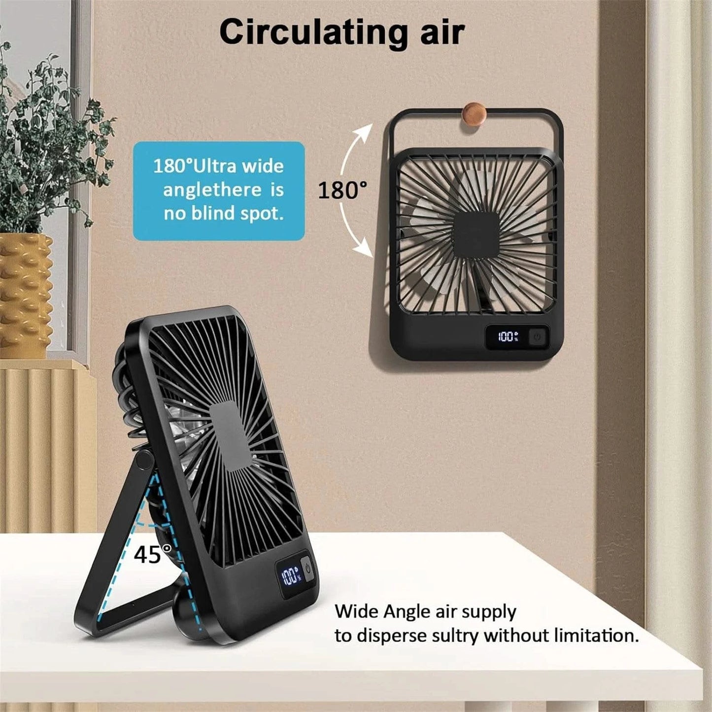 Desk Fan, Portable USB Rechargeable Fan, 180° Tilt Folding Personal Fan With Power Display, 5 Speeds Ultra Quiet Table Fan - M & M Global