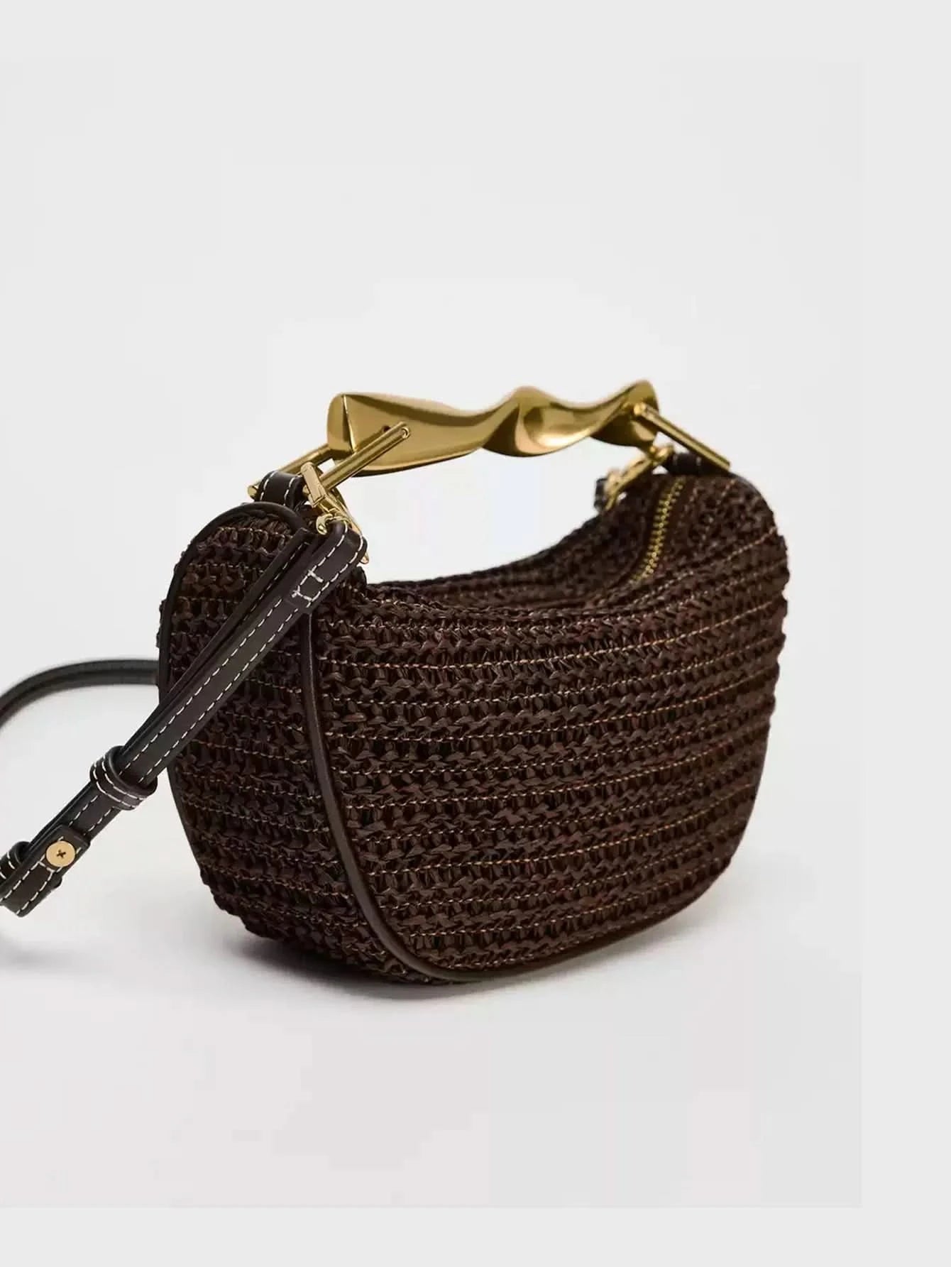 Metal handle Mini Crossbody zipper Braided bag Beach braided adjustable shoulder strap - M & M Global
