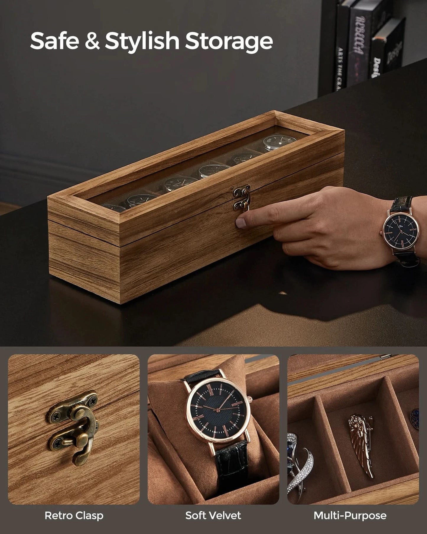 SONGMICS Watch Box, 6-Slot Watch Case, Solid Wood Watch Box Organizer with Glass Lid, Watch Display Case with Removable Pillows - M & M Global