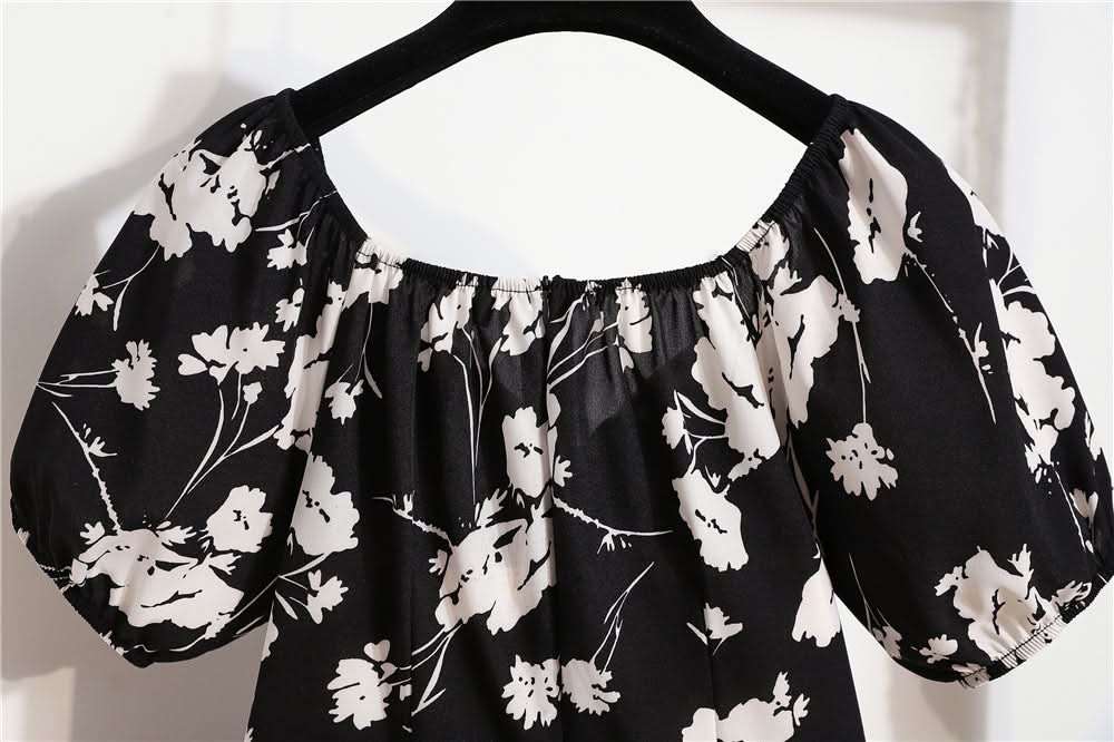 Women Mini Dresses Summer Fashion Female Vestidos Print Floral Chiffon Dresses Shirring Pleated Short Puffy Sleeve Casual Dress - M & M Global