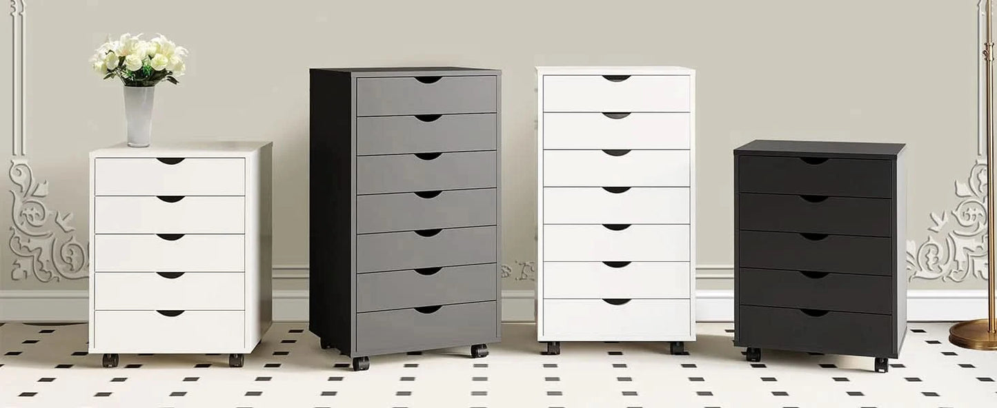 JHK Wood Nightstand Cabinet 5 Drawers Waterproof Surface Storage Organizer File Office Easy To Move Bedside Table Rotating Wheel