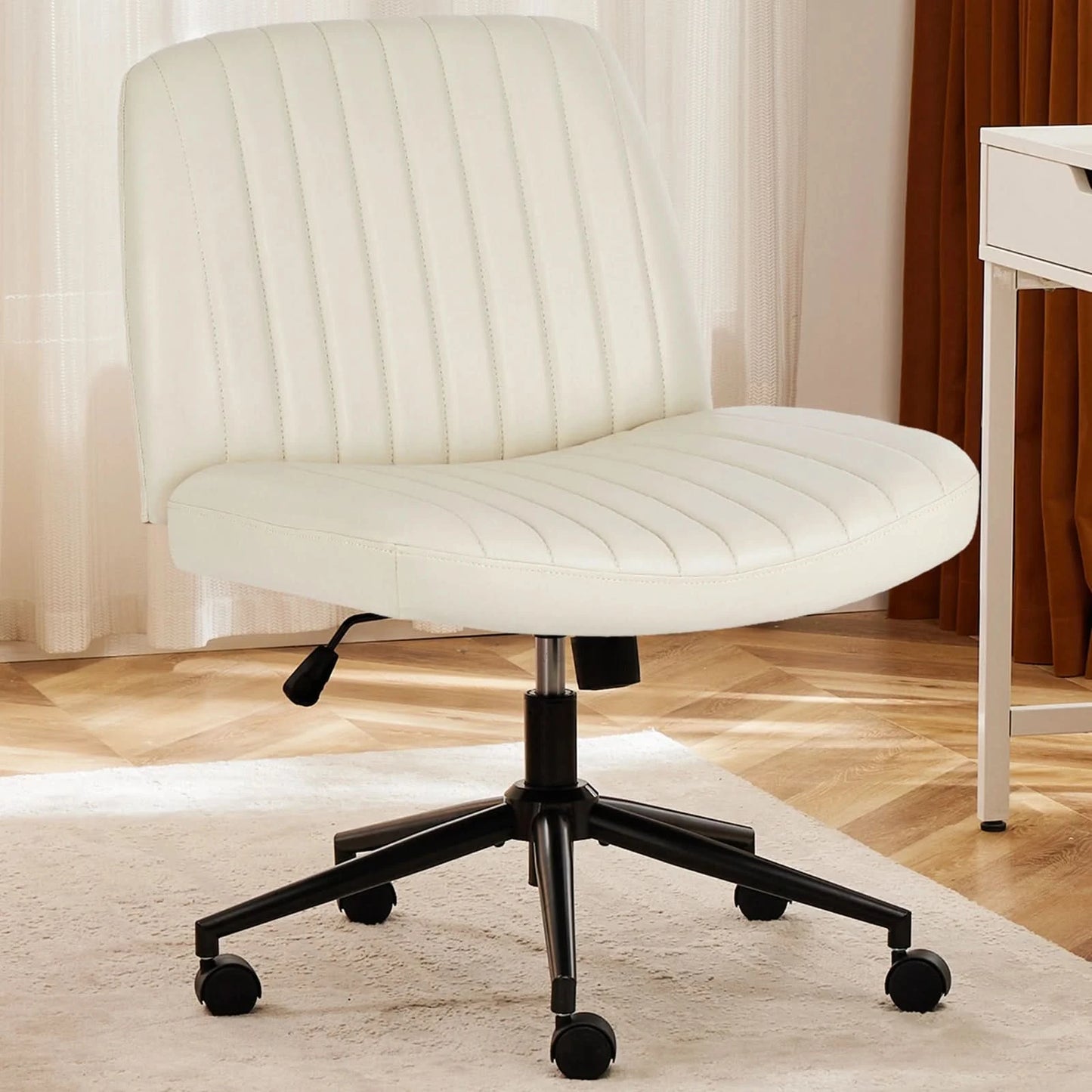 JHK Armless Cross Office Chairs with Wheels PU Leather Swivel Living Room Desk Chair Height Adjustable Support Seat Furniture