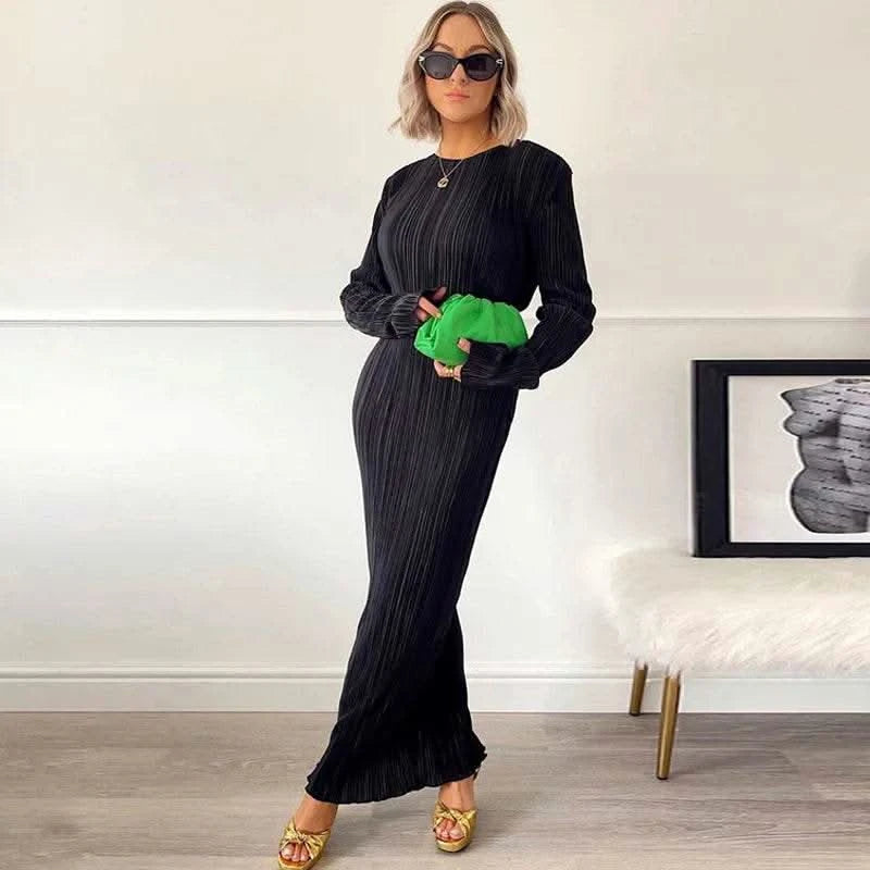 Dulzura Women 2024 Spring Autumn Fashion Long Sleeve Streetwear Bodycon Black Long Dress Wholesale Items For Business - M & M Global