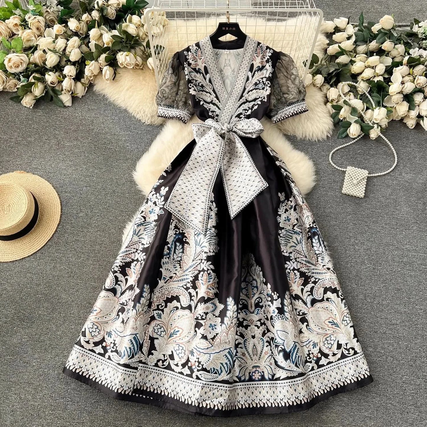 Summer Bohemian Paisley Print Long Dress Women V-Neck Short Puff Sleeve Vintage Print Bandage Lace Up Robe Vestidos Clothes 6237 - M & M Global