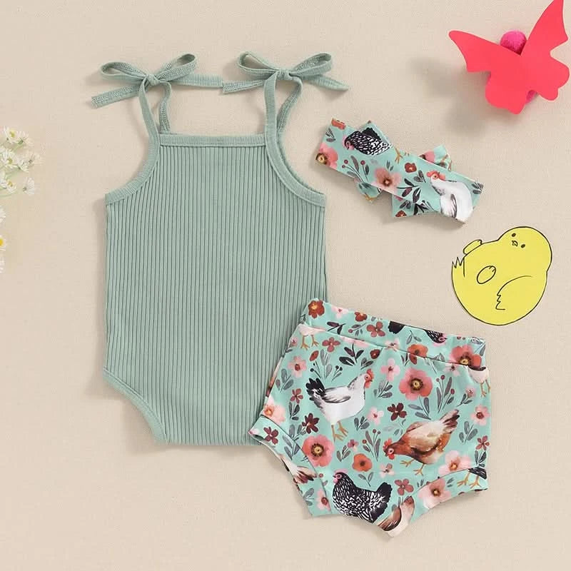 Toddler Girl 3 Piece Summer Set Floral Print Sleeveless Romper with Ruffle Trim Denim Shorts Bow Headband Outfit - M & M Global