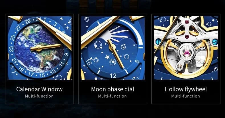 OLEVS Luxury Brand Men's Watches Luminous Waterproof Fully Automatic Mechanical Watch Starry Sky Dial Moon Phase Hollow Out - M & M Global