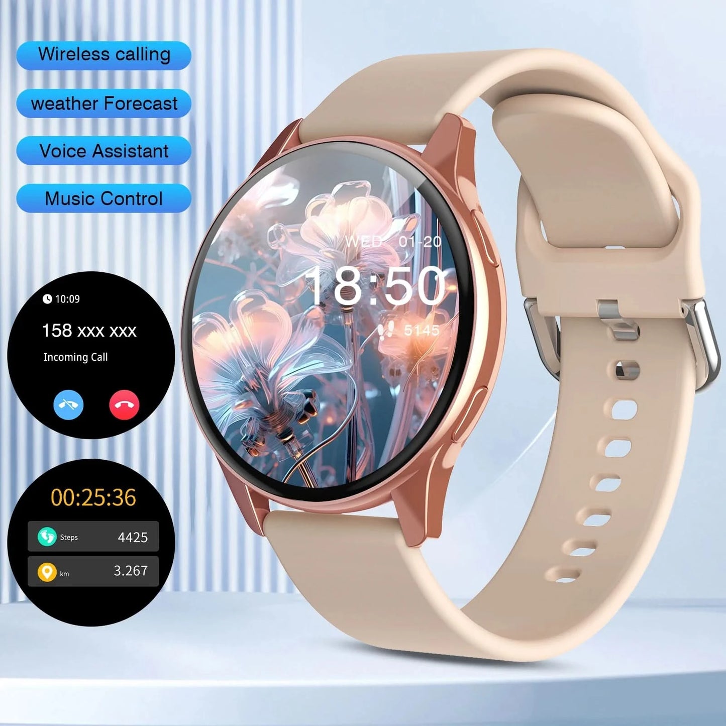 2025 new smart watch, Bluetooth call, message reminder, music playback, shutter control, weather forecast, unisex