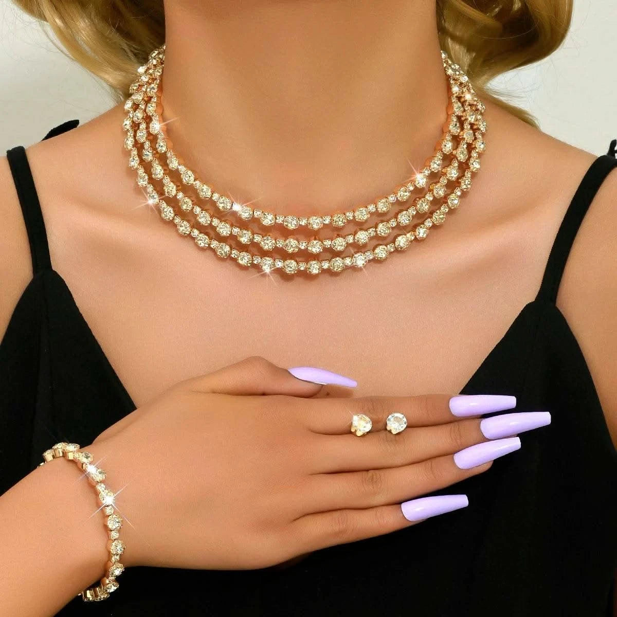4-piece women's jewelry set with rhinestones, multi-layer collars, earrings, bracelets, wedding party accessories - M & M Global