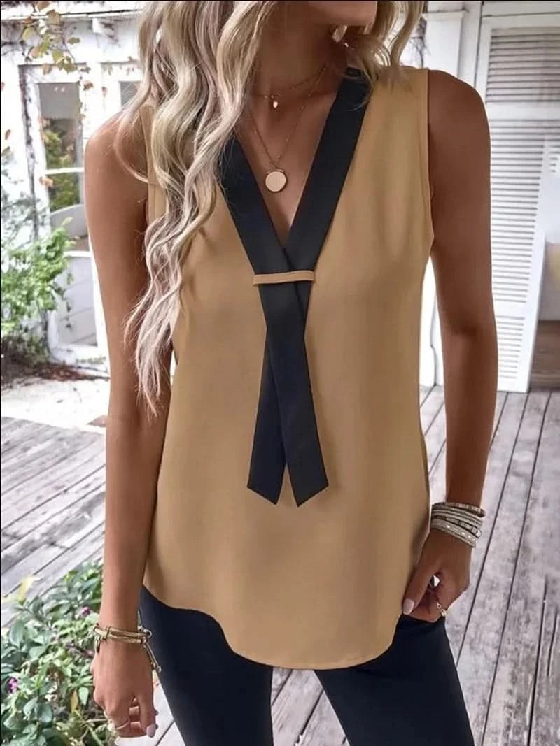 Elegant Women's Blouse Tees 2023 Summer Fashionable Style V-Neck Panel Sleeveless Top Lady Shirt S-XXXL - M & M Global