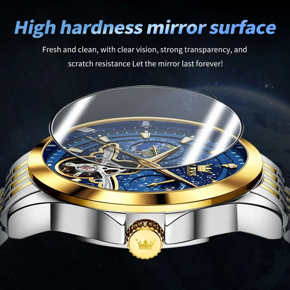 OLEVS Luxury Brand Men's Watches Luminous Waterproof Fully Automatic Mechanical Watch Starry Sky Dial Moon Phase Hollow Out - M & M Global